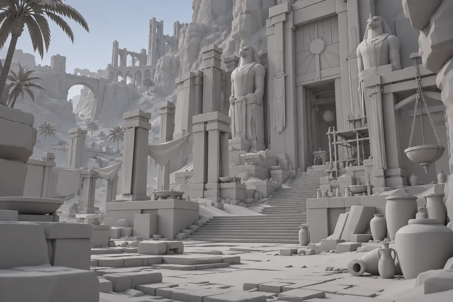 A grey clay blockout interpretation of the desert forge scene.