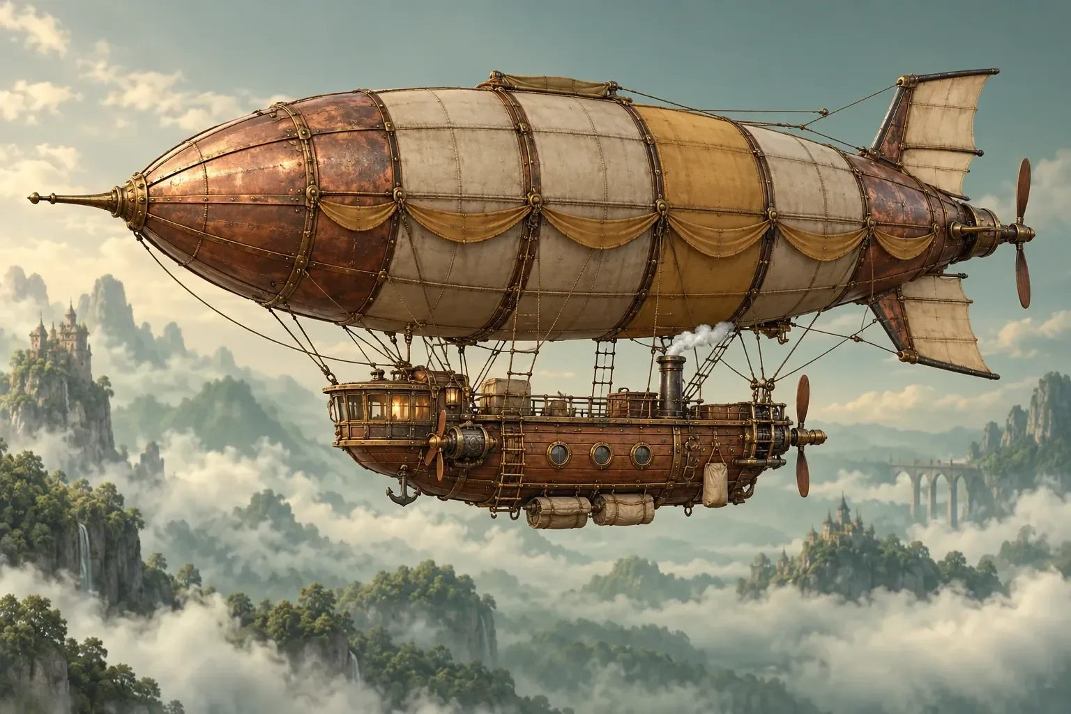 A copper-coloured airship with a wooden gondola floating above green clouds.
