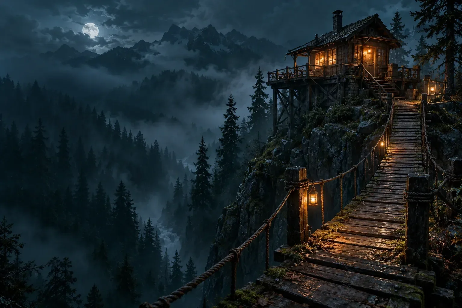 A timber lookout and rope bridge above a misty pine forest at dusk.